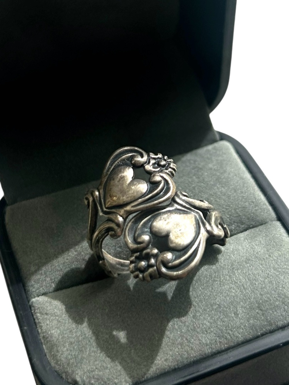 Vintage Beau Sterling Silver Heart Flower Spoon Ring Adjustable One Size